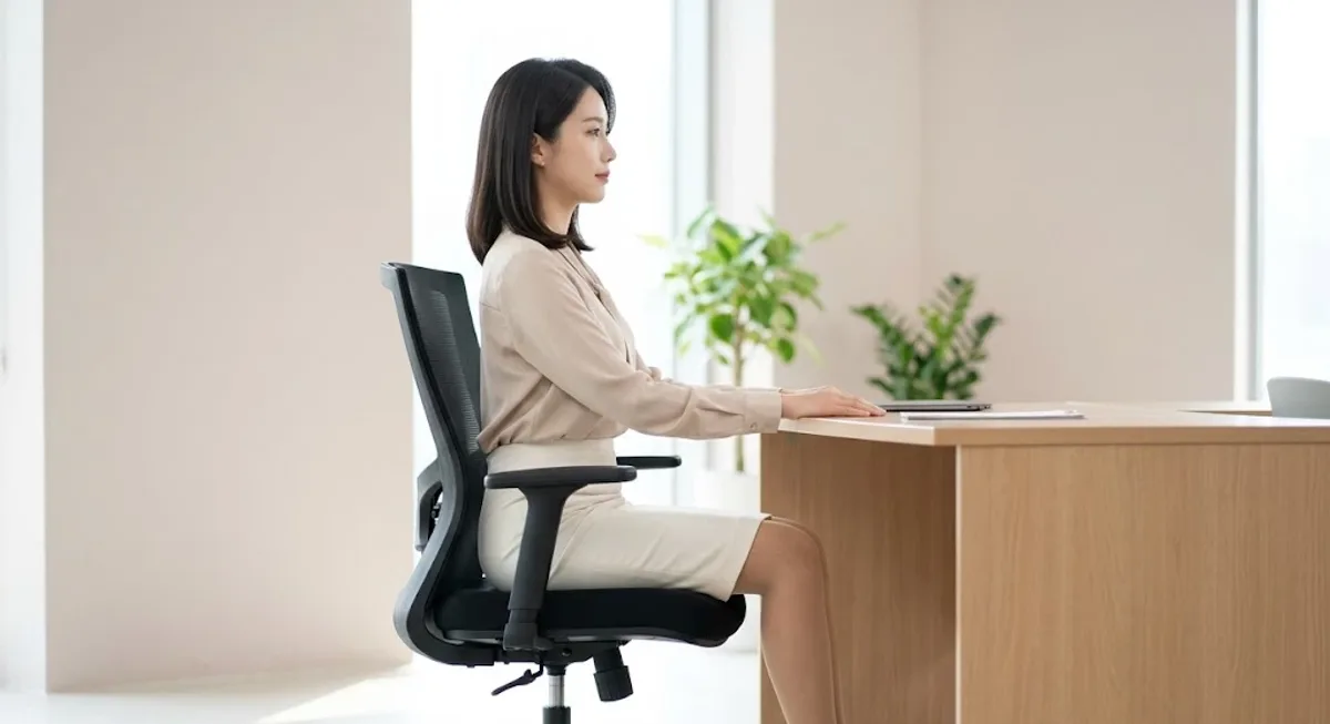 교과서 자세(등 직선·무릎 90도)로 사무용 의자에 앉은 옆모습