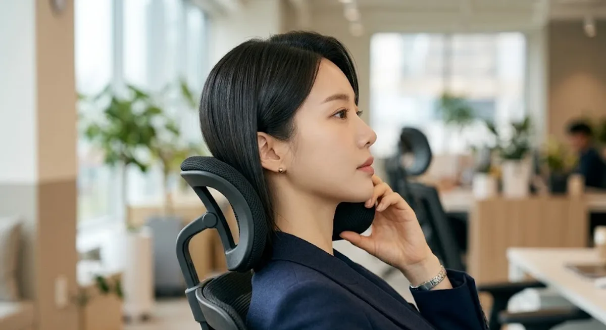 뒤로 기댄 채 머리 받침 패드가 목 뒤 오목한 곳에 든 옆모습 클로즈업