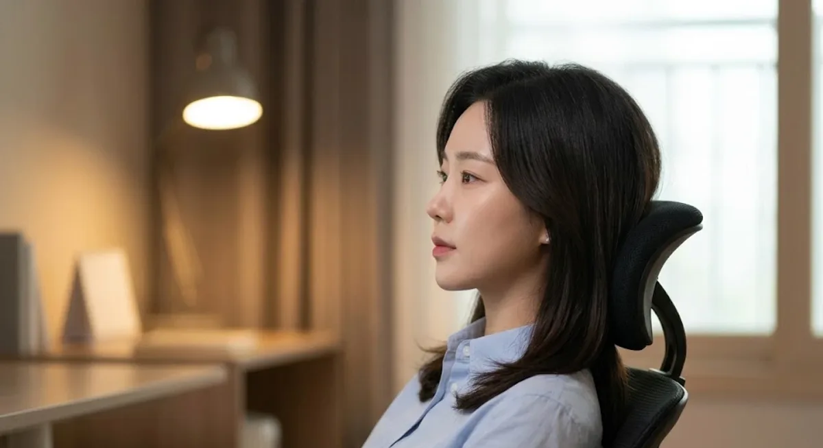 눈을 뜨고 모니터를 보며 젖힌 자세로 머리를 받침에 둔 옆모습