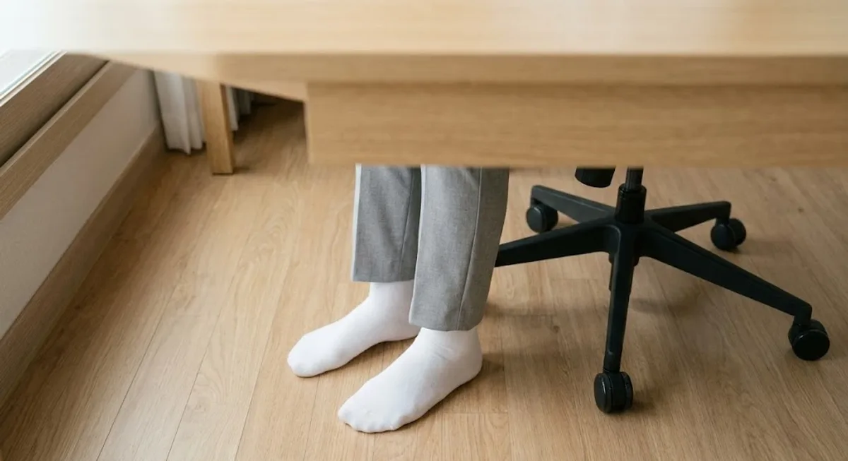 책상 아래 바닥에 두 발을 나란히 딛고 앉은 다리 옆모습