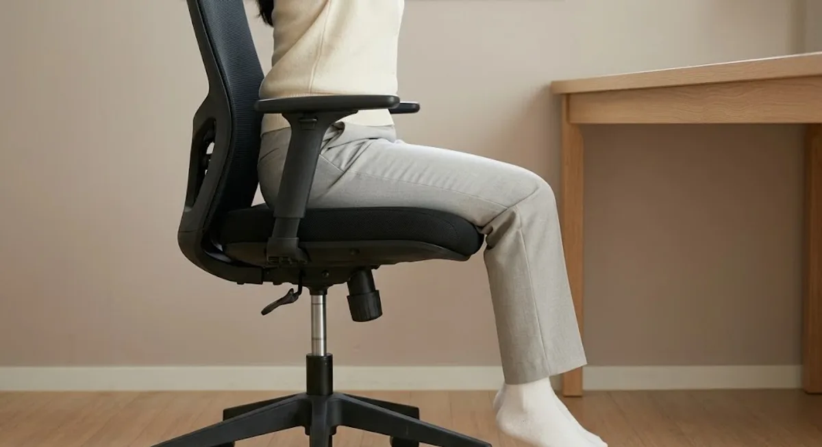 의자가 높아 두 발이 바닥에서 뜬 채 매달린 다리 옆모습