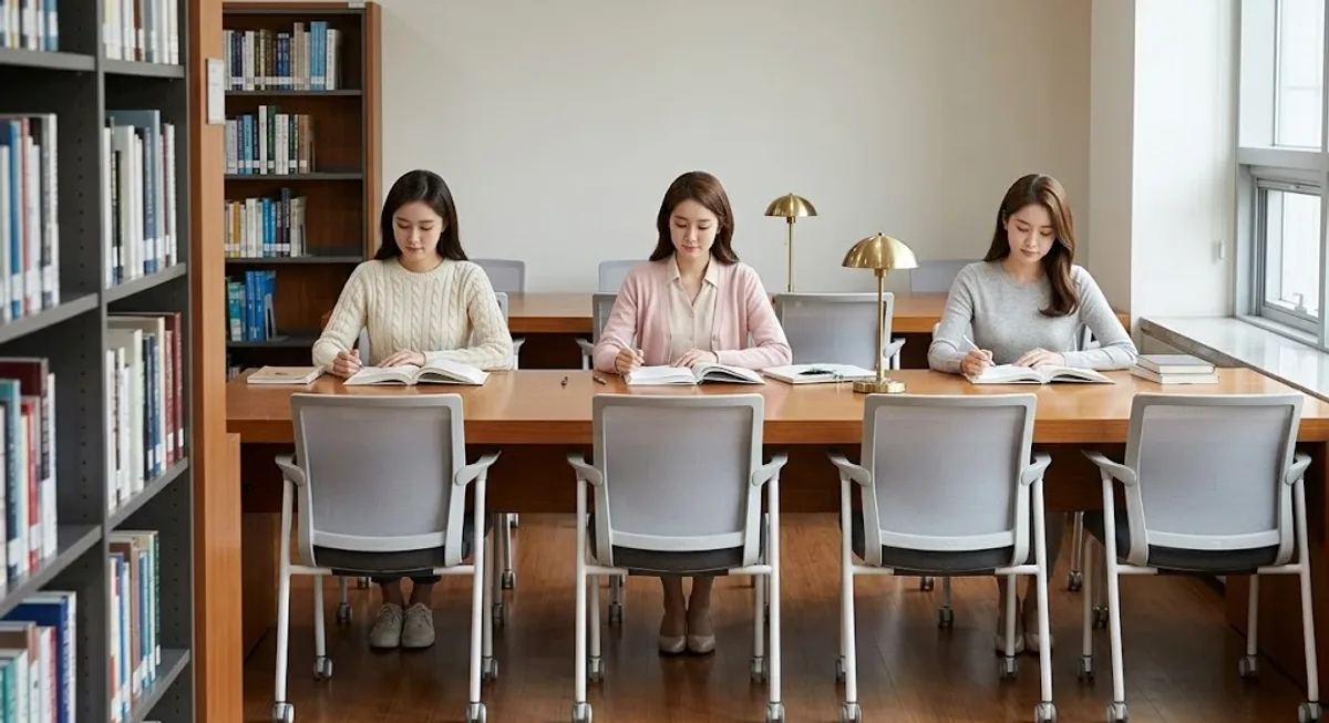 서가 옆 긴 공용 책상에 고정형 학습 의자가 줄지어 놓이고 나란히 앉아 공부하는 열람실